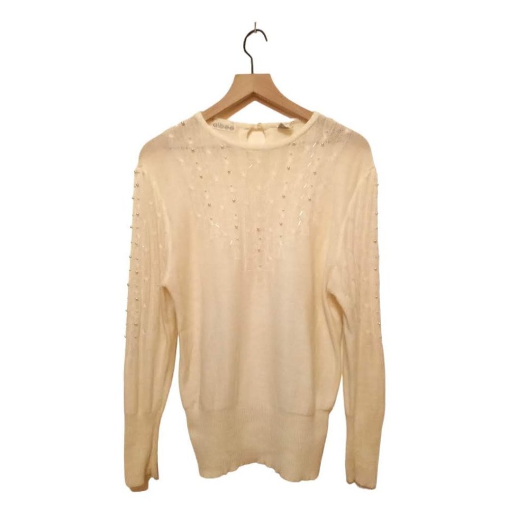 Albee Vintage Ivory Crew Neck Beaded Knitted Sweater Sz L